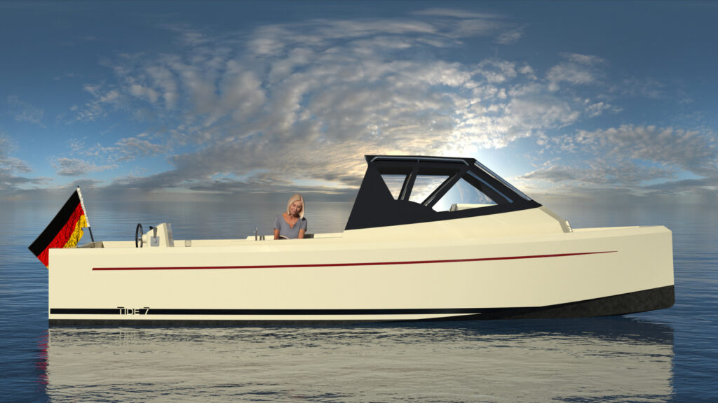 Tide24M-Sloep, Seitenansicht der Rumpflinien inkl. Persenning für das Gäste-Cockpit