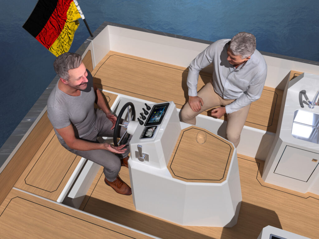 Tide24M-Sloep, Bereich des Steuer-Cockpit mit Sitzflächen und Tisch