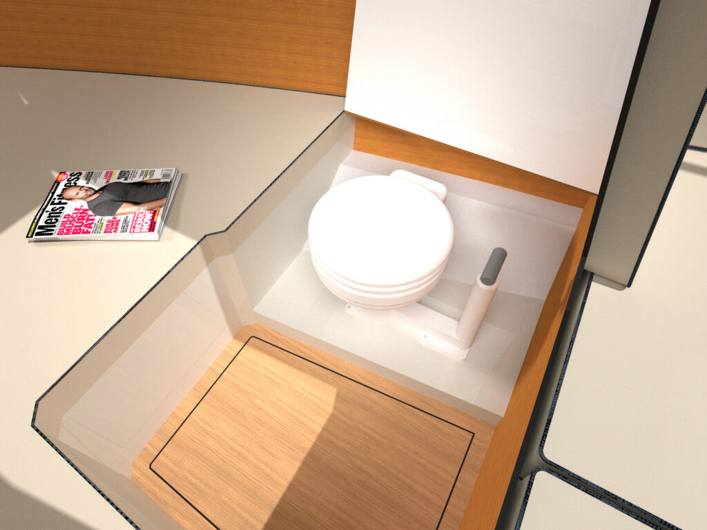 Tide24M-Sloep, Ansicht des Bereiches der Toilette in der Kabine.