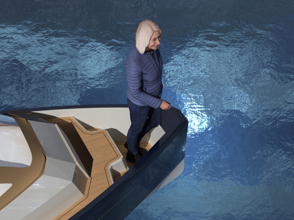 Tide24M-Sloep, Blick auf den Bugbereich mit Standflächen für sicheren Halt.