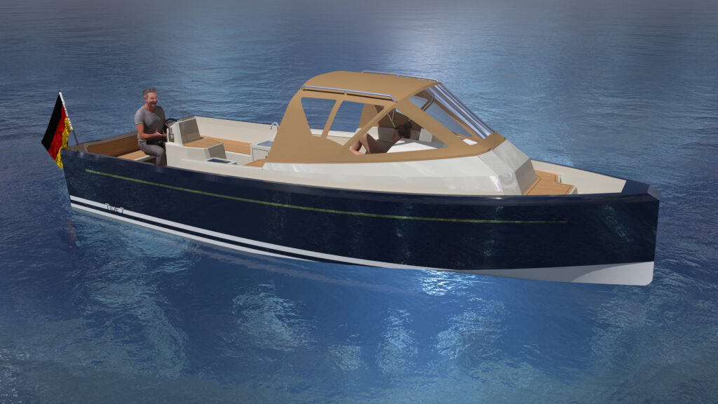 Tide24M-Sloep, Ansicht Seite mit großer Persenning über dem Gäste-Cockpit.